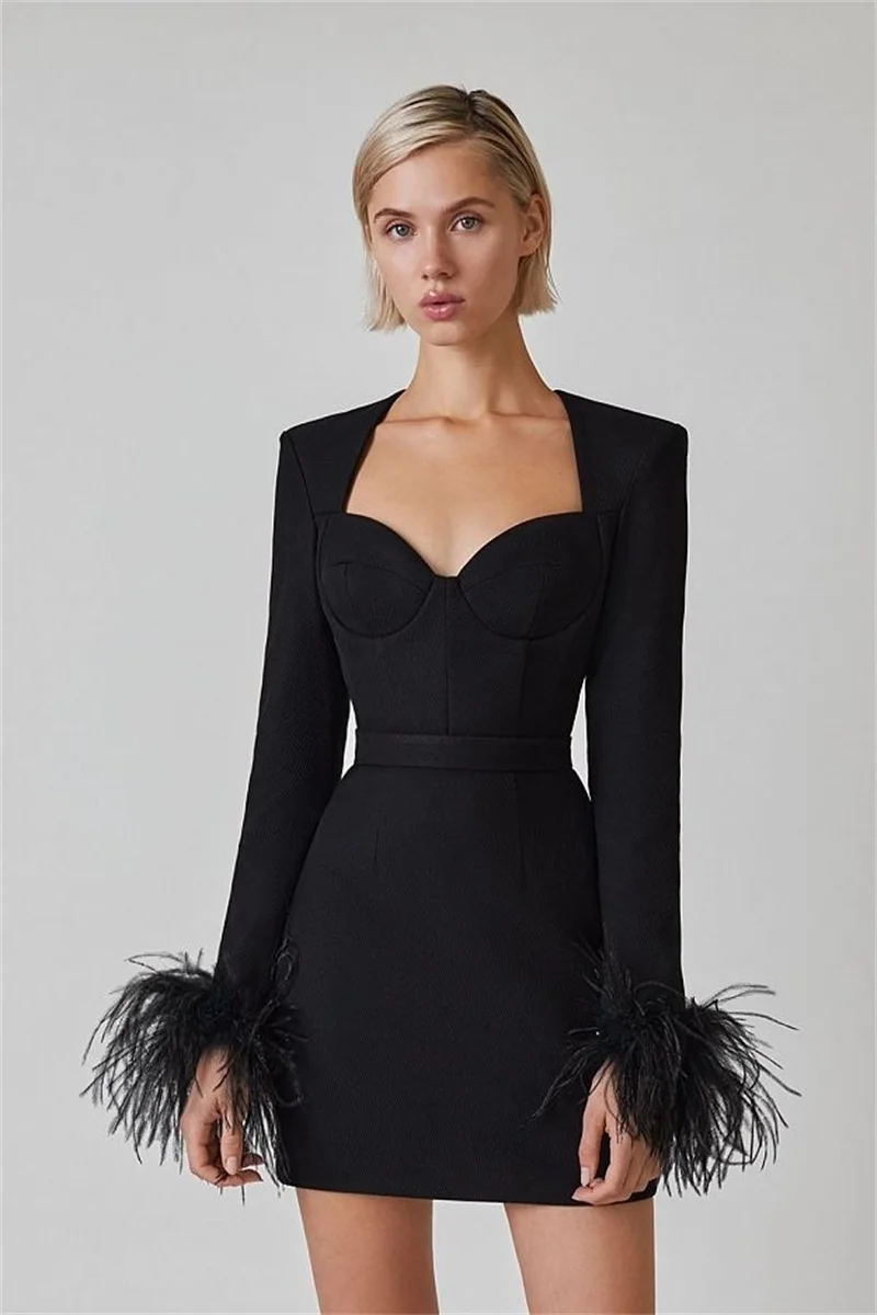 Mini Robe de Soirée Sexy en Plumes d'Autruche, Tenue de Bal Courte, Manches sulf, Col en Cœur, Cocktail de Célébrité