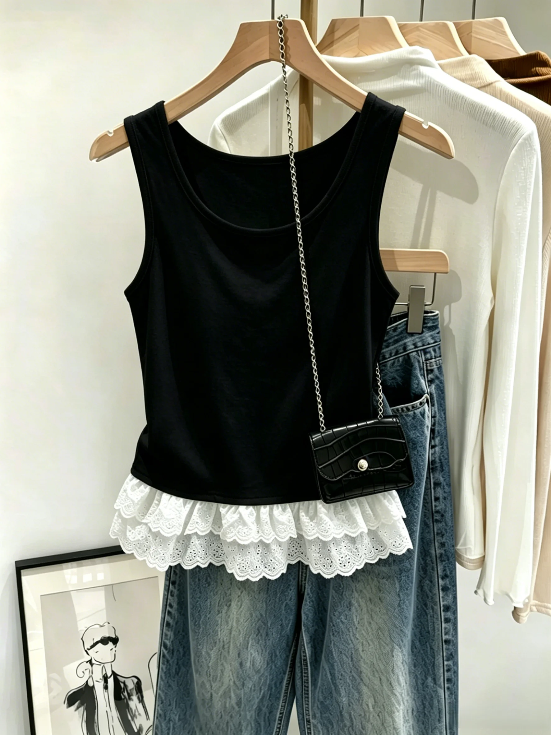 

Women's Lace Hem Tank Top 95 Cotton Sleeveless Layering Spring Autumn plus Size Base Layer Shirt Simple Style Summer Fashion