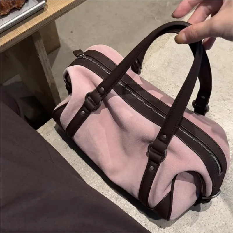 Vintage Pink Boston Bag Women Suede Large Capacity Gentle Shoulder Bag Ladies Fashion Color Block Casual Style Handbag Chic 2026