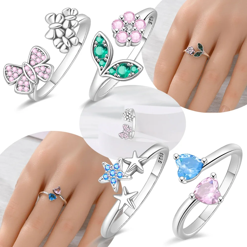 

Exquisite Original 925 Silver Open Flower Butterfly Leaf Ring Women Blue Zirconia Star Heart Ring Jewelry Accessory Fine Gifts