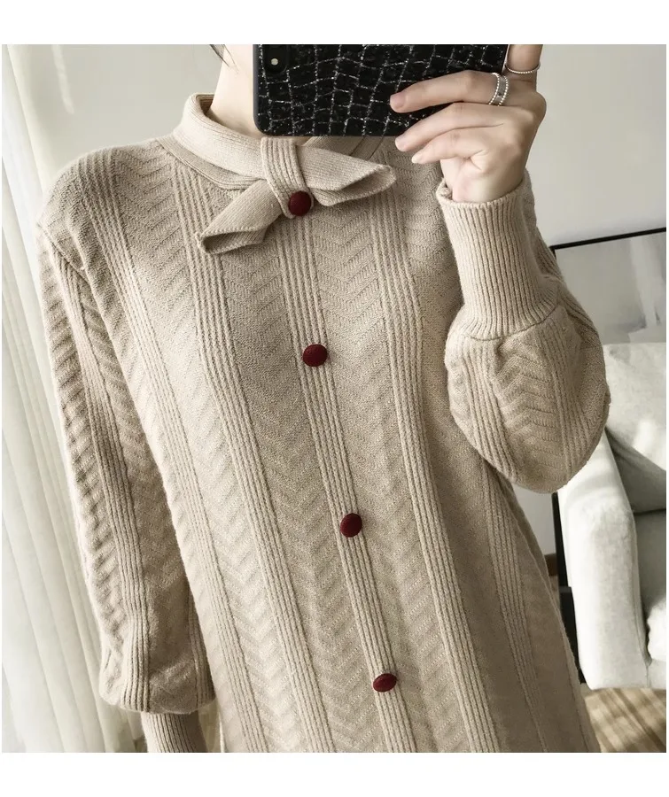 Outono inverno nova malha único breasted vestido de lã sobre o joelho feminino solto vestido de comprimento médio com casaco inferior