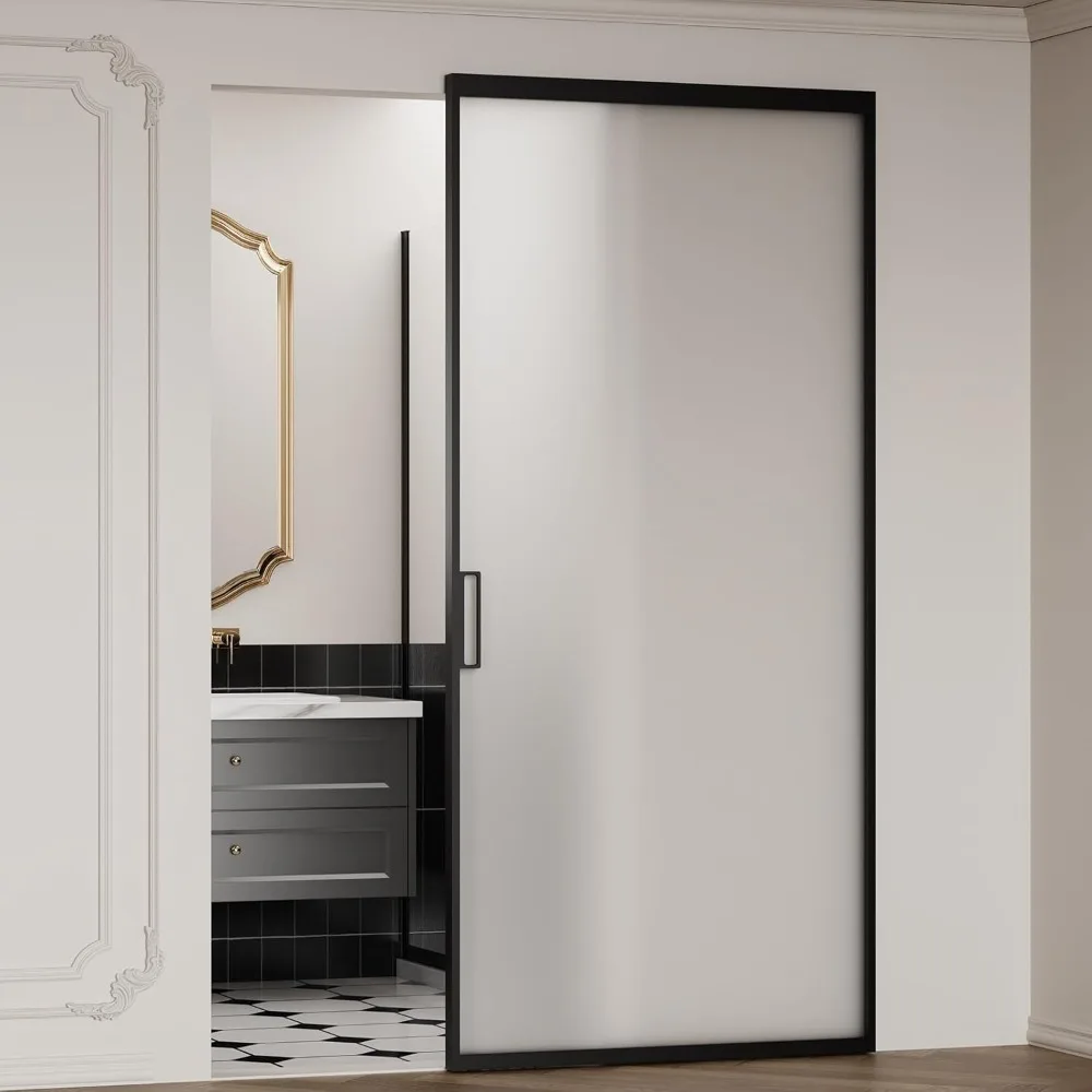 

Sliding Barn Door Kit 40x85 Inch Black Concealed Rail Frosted Tempered Glass Privacy