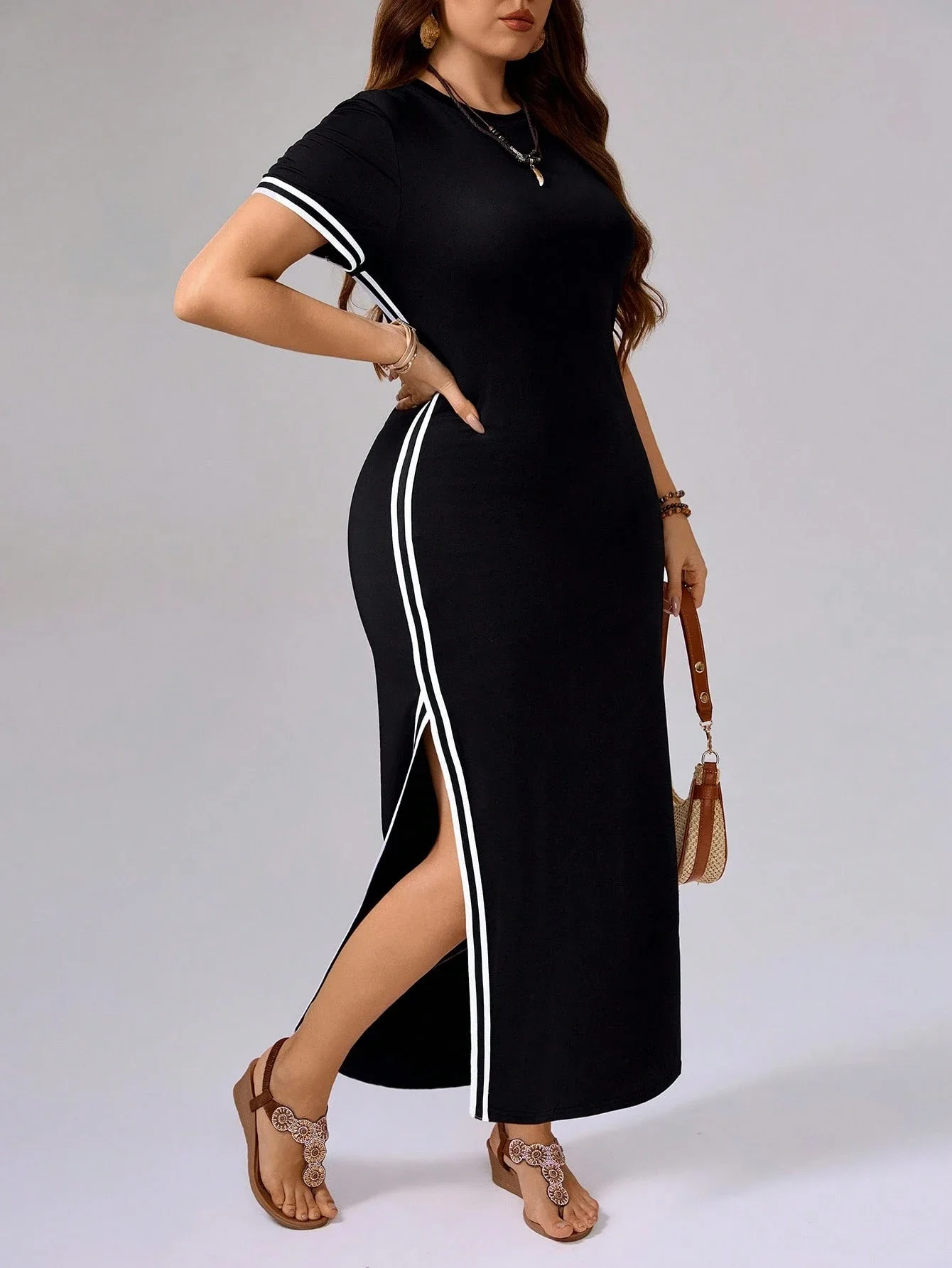 

Black Long Split Hem Dress With White Stripes Sporty Style For Women