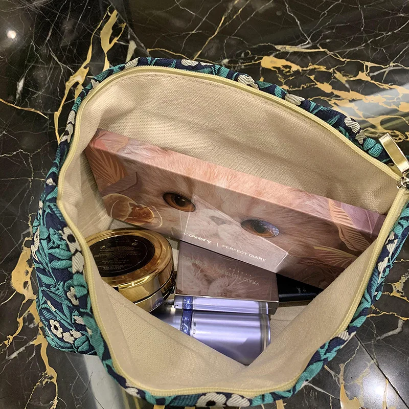 Borsa per il trucco in tela personalizzata economica blu bellissimo tessuto per borsa Borsa per cosmetici vintage trasparente morbida con grande