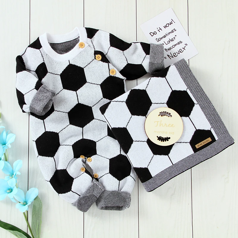 

Cotton Baby Romper Blanket Knit Newborn Girl Boy Long Sleeve Jumpsuit Quilt 100*80CM Infant Kid Clothes Set Fashion Football 2pc