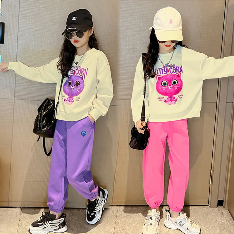 Spring Autumn Girls Lovely Contrast Cartoon Sweatshirt+Sweatpant Sets School Kids Tracksuit Child Outfit Jogging Suit 3-14 Years