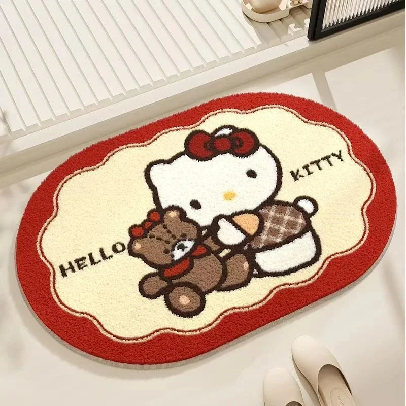 Y2K athroom Door Mat Oval Hello Kitty Hug Teddy Bear Faux Cashmere Non‑Slip Home Bath Rug