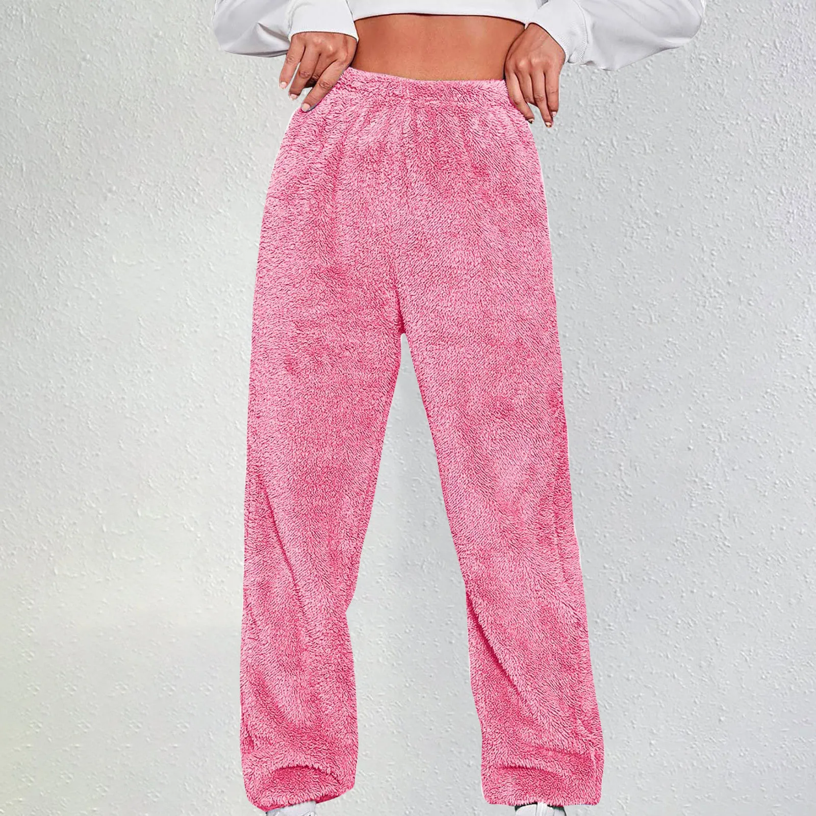 Pantalones cálidos informales para mujer, Pantalones peludos deportivos de Color sólido para clima frío, ropa de calle para el hogar, Pantalones populares de invierno a prueba de frío