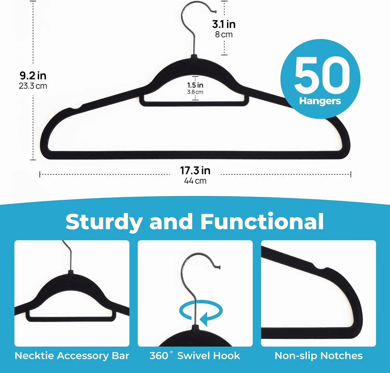 Fontaines Luxe Zwart Fluweel Vilt Antislip Kleerhangers 50 Pack - Ultra Slanke En Ruimtebesparende-Zware Draaibare Zwarte Haak