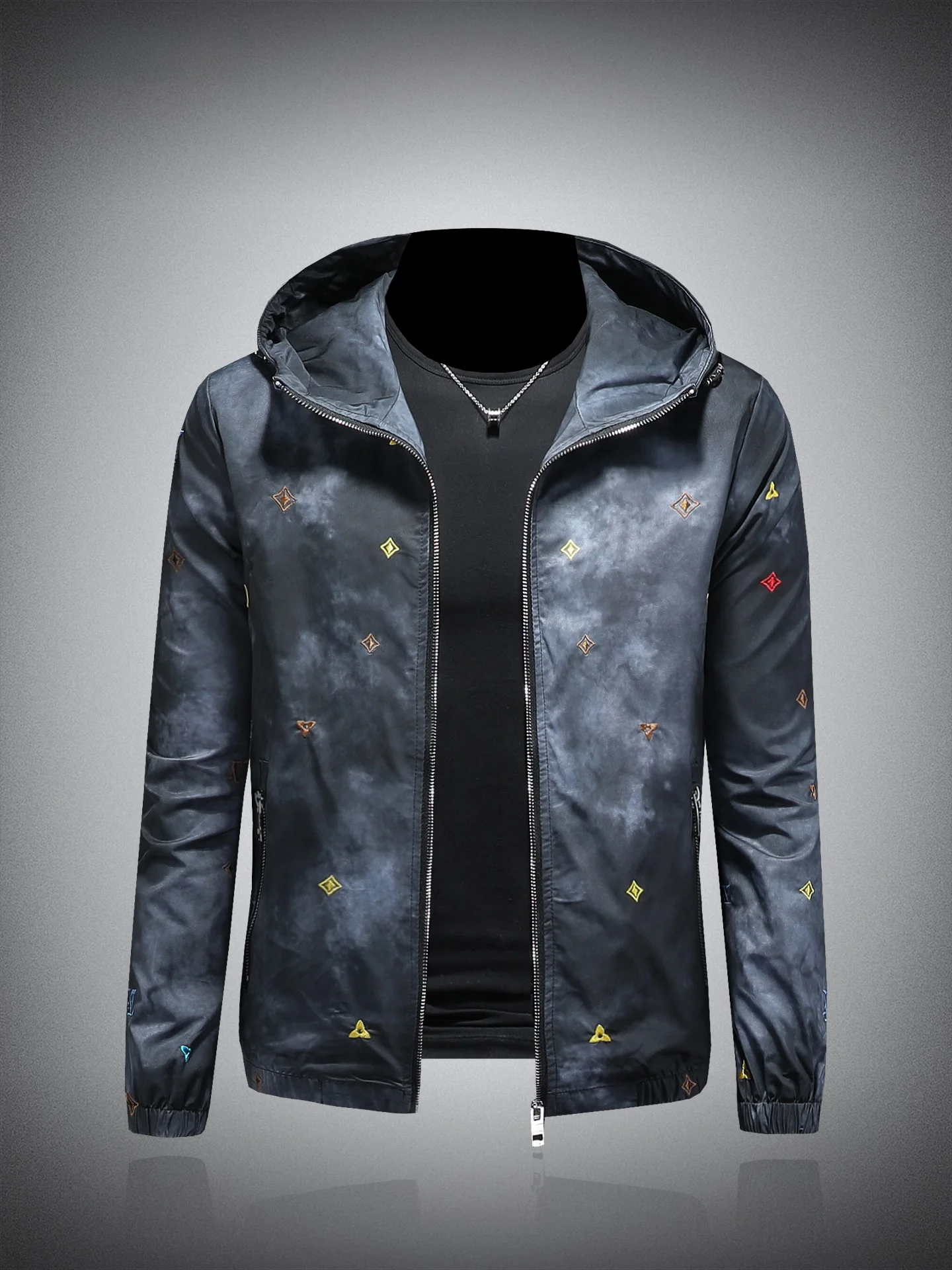 

Мужская повседневная куртка Ele с вышивкой и капюшоном, модная, универсальная, весенне-осенняя, из полиэстера, с длинными рукавами, на молнии