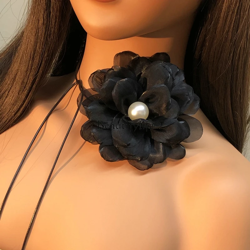

French super fairy retro big flower lace-up pearl strap long accessories