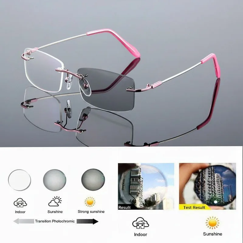 Grenzenlose photochrome Lesebrille für Männer und Frauen, Memory-Titanlegierung, Presbyopie-Brille, Outdoor, drehen Sie grau unter Sonnenlicht – Detail 12