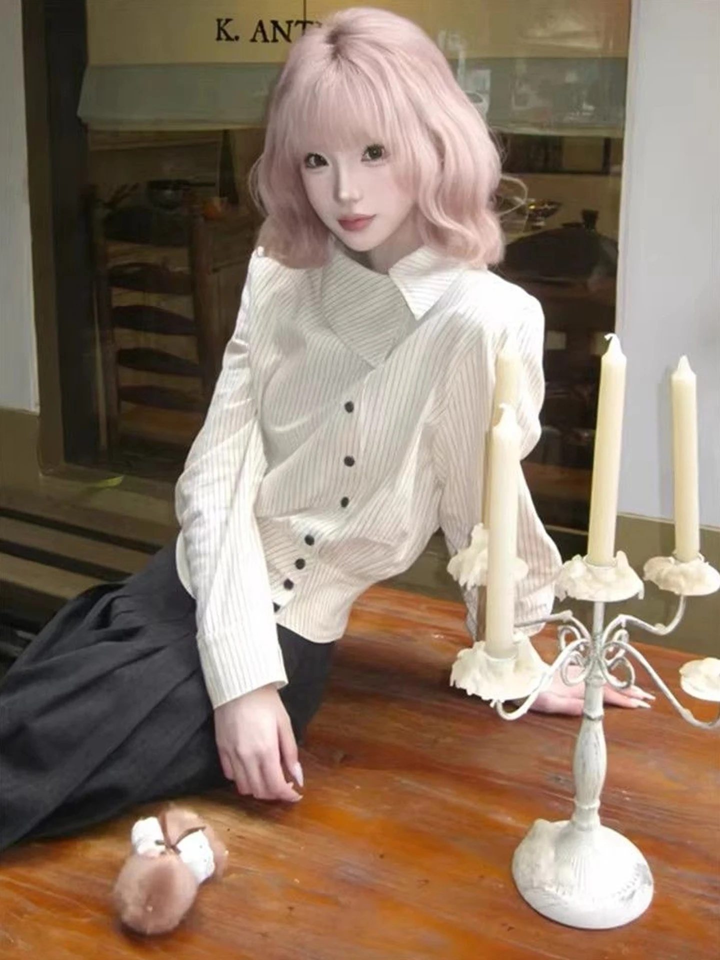 

Модная женская рубашка в полоску с асимметричным воротником, весенняя новинка, дизайнерский топ с длинным рукавом, корейская версия, теплая, для повседневной носки