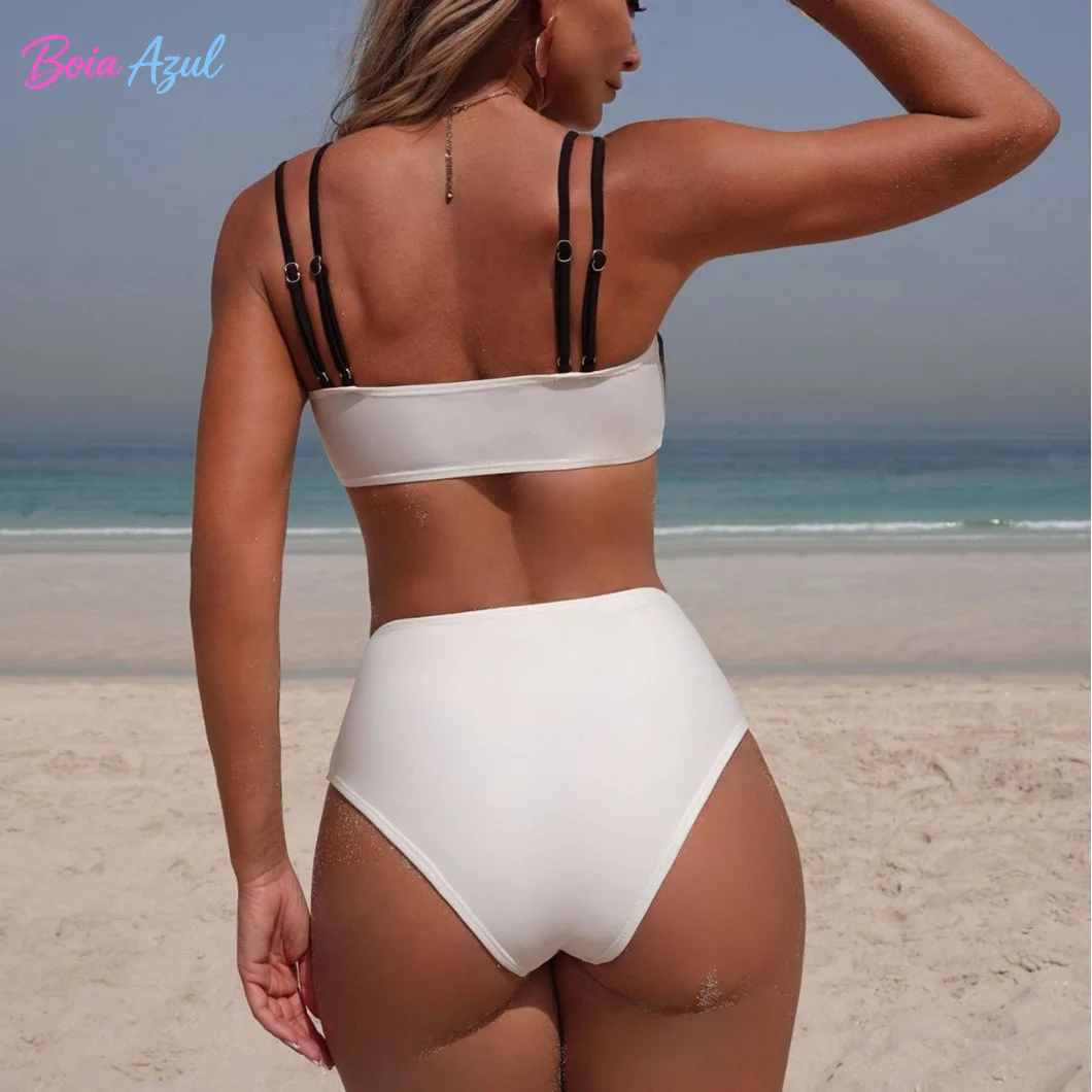 Color Block Bikini Gold Hardware High Waist Brief Bottom Beaded Straps Women Two Piece Beach Swimwear