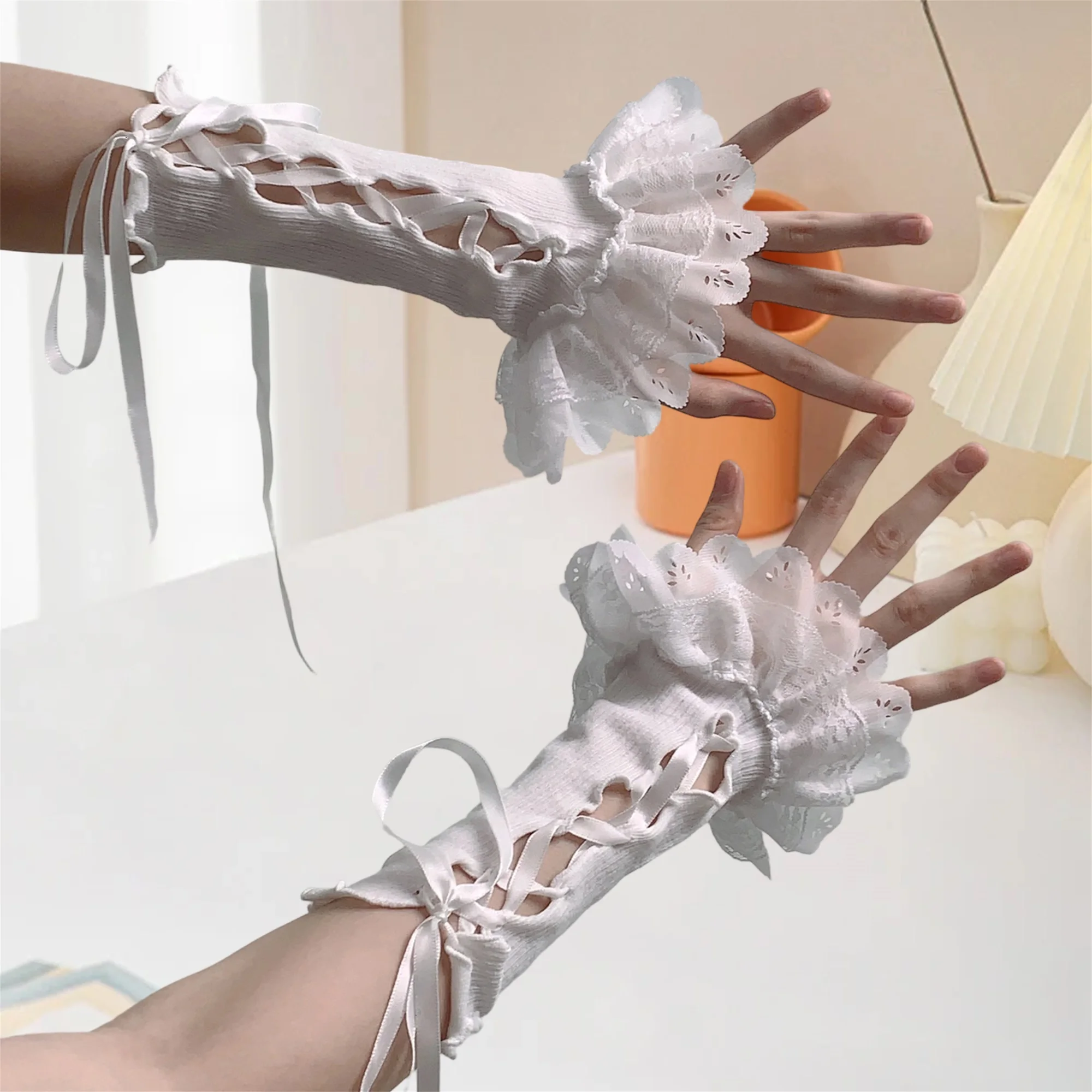 여성 레이스 핑거리스 장갑 Bowknot 디테일 짧은 팔 워머 슬리브 로리타 코스프레 의상 액세서리