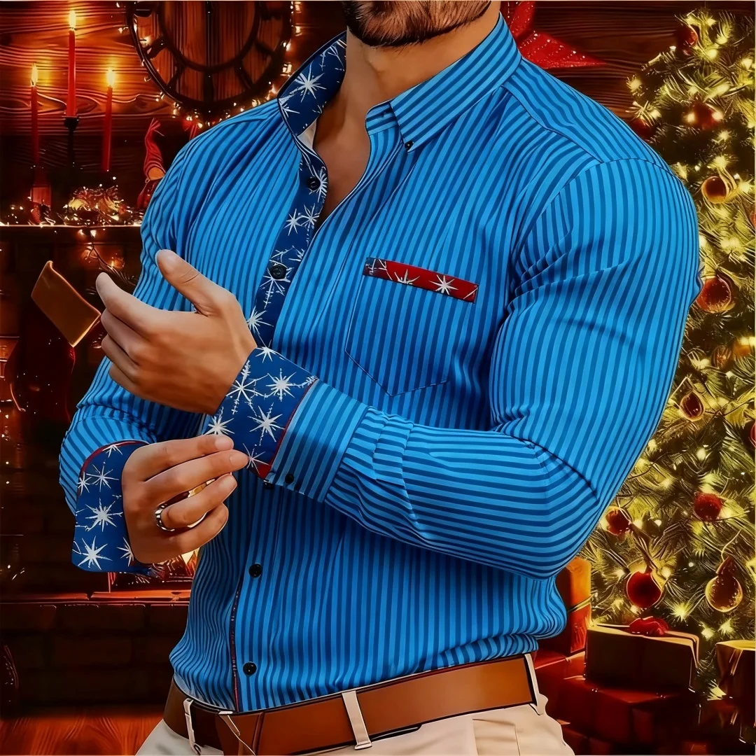 

2026 New Christmas Men's Shirt - Buttoned Casual Shirt - Long Sleeve Series - Embroidered Patchwork Shirt - Daily Casual Wear -