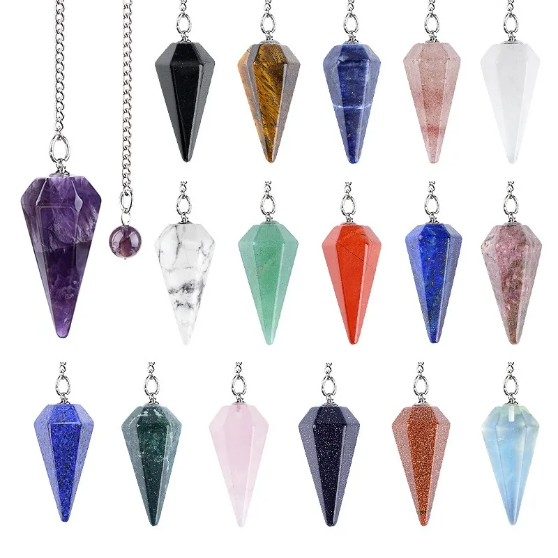 6pcs Natural Crystal Pendulum 38mm Point Hexagonal Cone Stone Pendant Adjustable Chain Yoga Meditation Energy Healing Wholesale