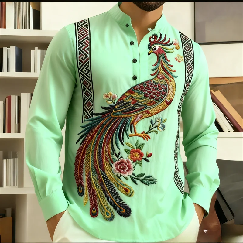 Kemeja etnik pria lengan panjang dengan cetakan 3D Phoenix |   Pola tradisional yang berwarna-warni |   Kemeja formal kasual untuk kantor/acara