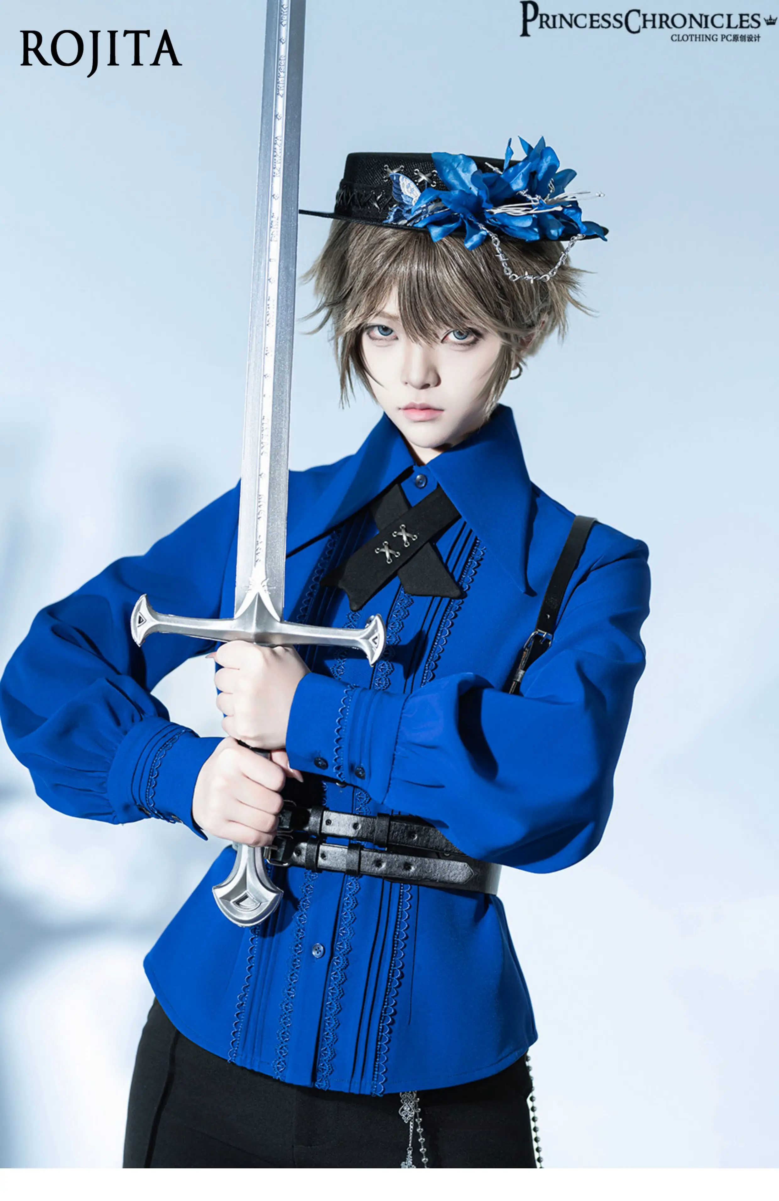 Vintage Royal Blue Lolita Blouse Pointed Lapel Collar Bow Decor Lace Pintuck Front Long Balloon Sleeve Women Shirt