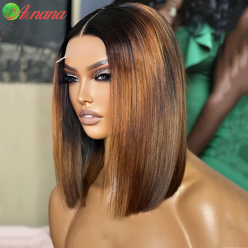 Alinana Ombre สีน้ำตาล Bob วิกผมตรง4*1 T Part สั้น Bob วิกผมบราซิลเส้นผมมนุษย์วิกผมผู้หญิง2023ใหม่แนวโน้ม