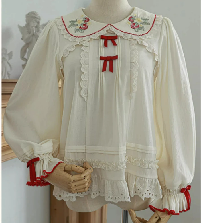 Lente Herfst Zoete Lolita Aardbei Borduren Lange Mouw Dun Shirt Schattig Meisje Leeftijdsreductie Losse Peter Pan Kraag Shirts