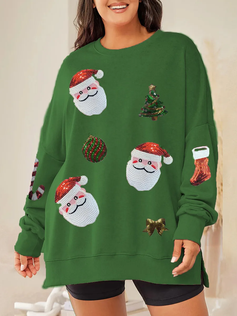 

Women’s Christmas Sweatshirts Sequin Santa Graphic Prints Oversized Hooodie Long Sleeve Crew Neck Pullovers Tops for Fall Spring