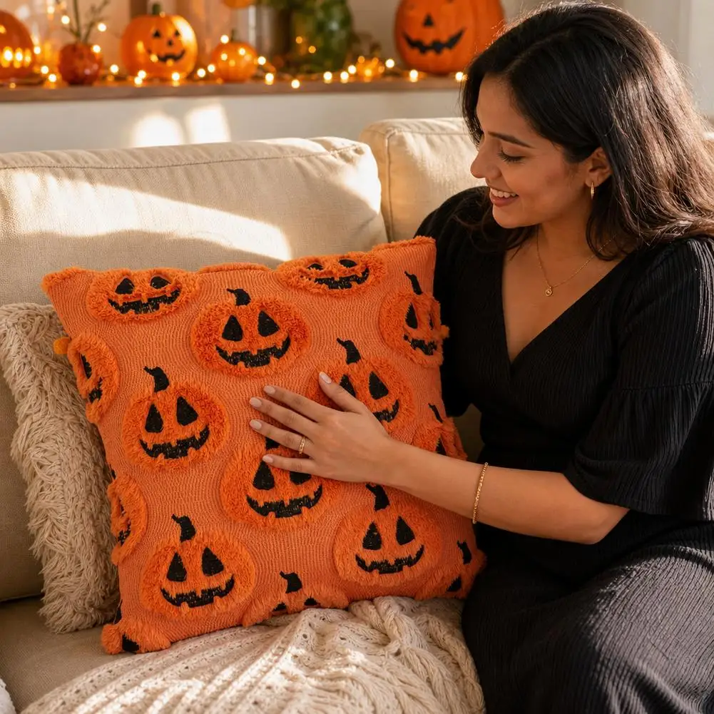 Fall Pumpkin Throw Pillow Covers Double-Sided Rust Autumn Pumpkin Halloween Ghost Plush Pillowcases for Home Sofa Couch Decor