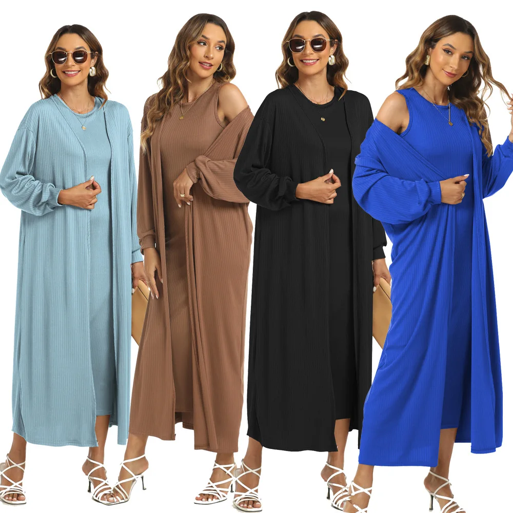 

Eid Muslim Abaya for Women Two Piece Set Abayas Saudi Arabic Modest Musulman Ensemble Vestidos Morocco Kaftan Long Robe Suits