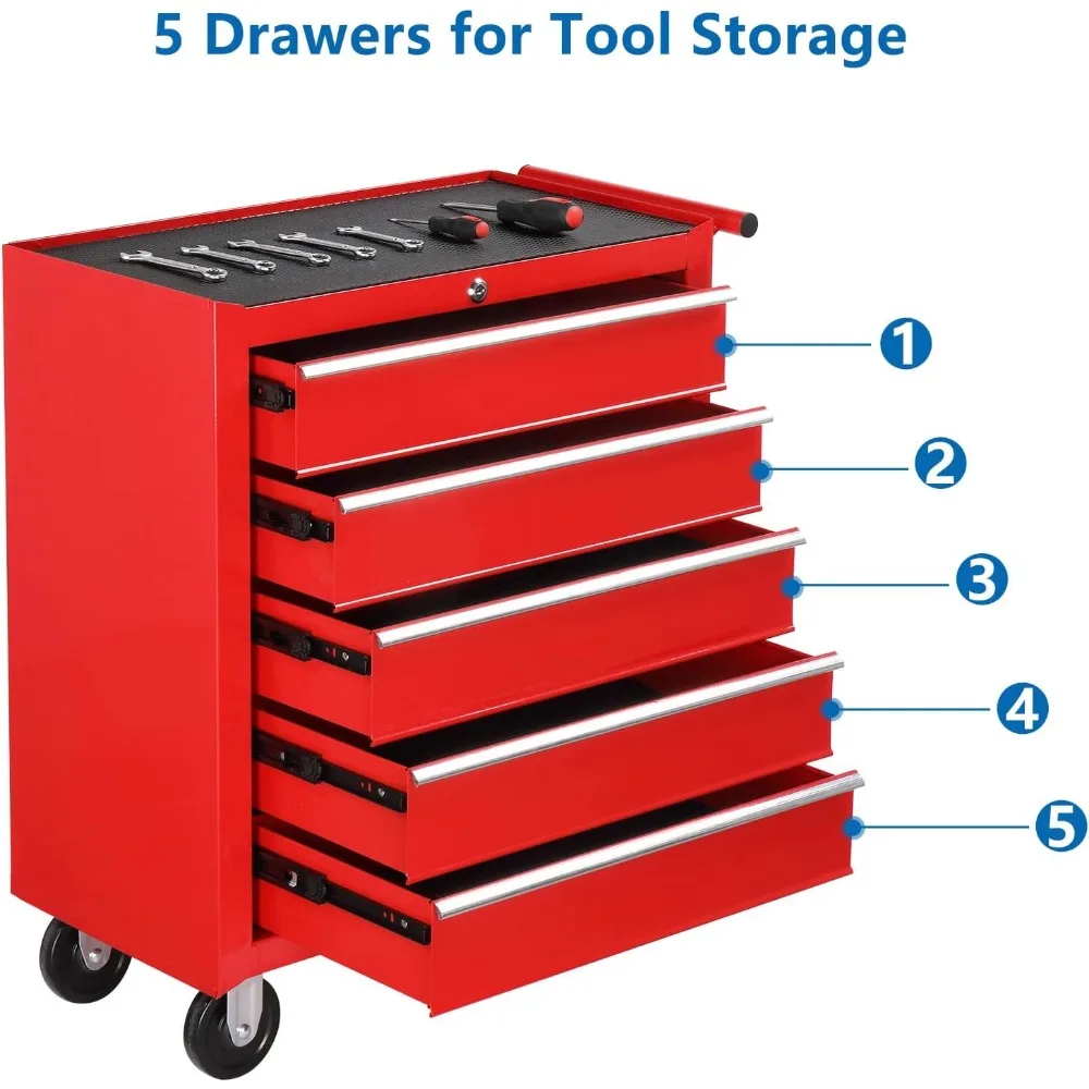 5-Drawer Rolling Tool Chest w/Lock & Key, Tool Storage Cabinet with Wheels, Top Cushion & Drawer Liners, Tool Organizer Box