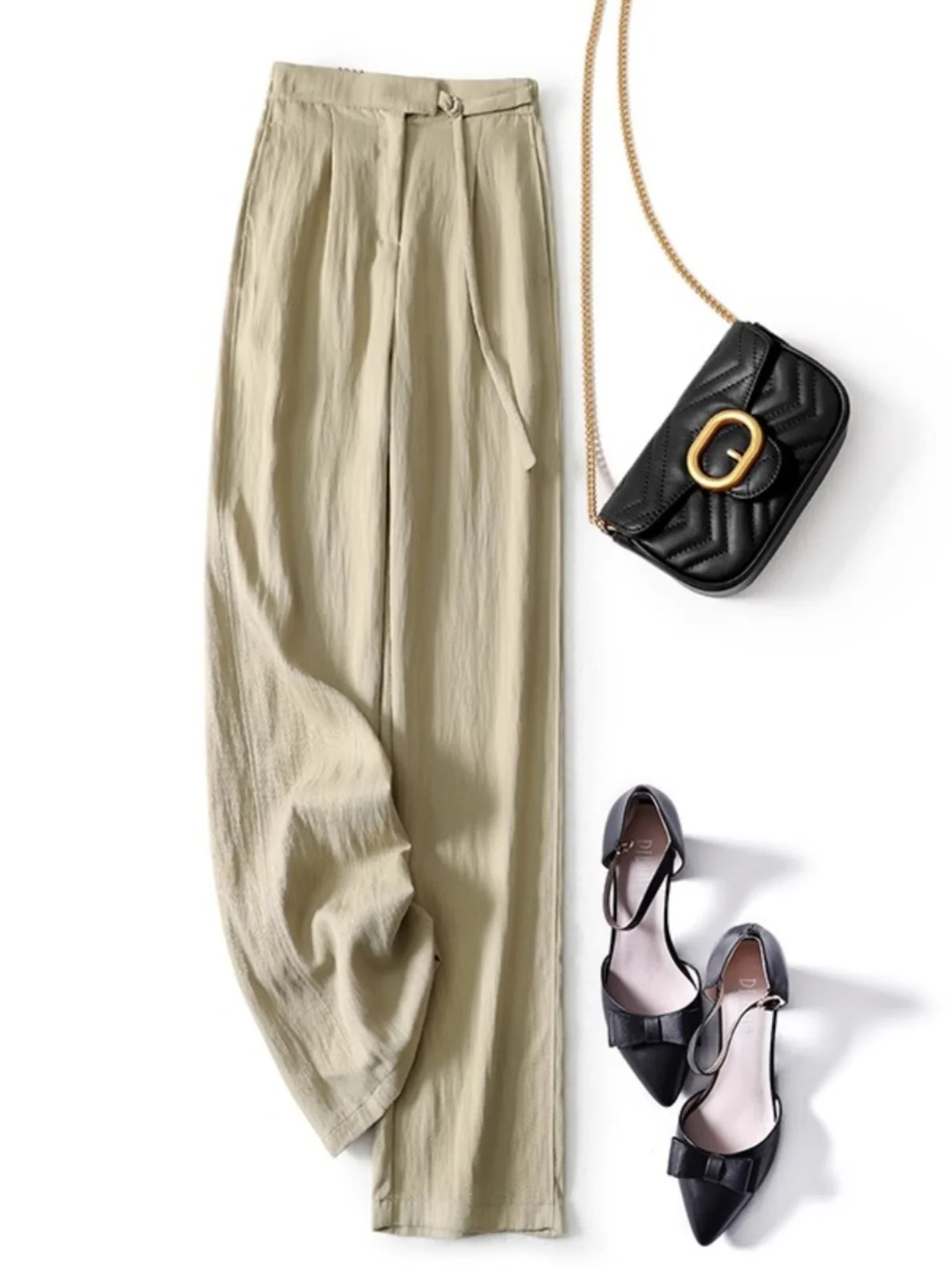 Pantalon taille haute à jambes larges, Version étroite, en soie et chanvre, coupe droite, Texture plissée, pantalon décontracté d'été pour femmes