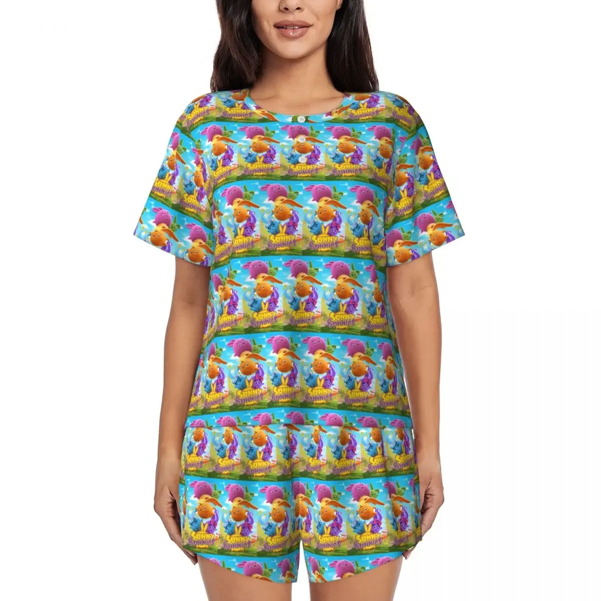 

Sunny Bunnies Anime Cartoon Round Neck Short Sleeves Nightdress for Sleeping Sleepshirts Women Loose Pajama Set Short Pants