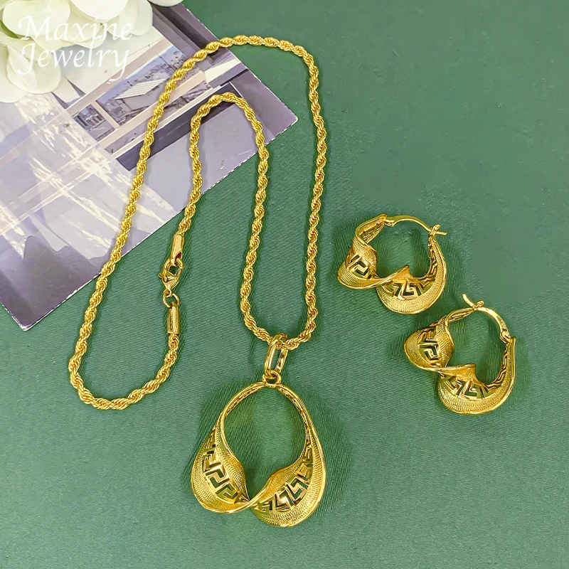 Spezielles Afrikanisches 18K Vergoldetes Kupfer-Schmuckset für Frauen Ohrringe Anhänger mit Kettenhalskette Braut Hochzeit Party Geschenke – Detail 11