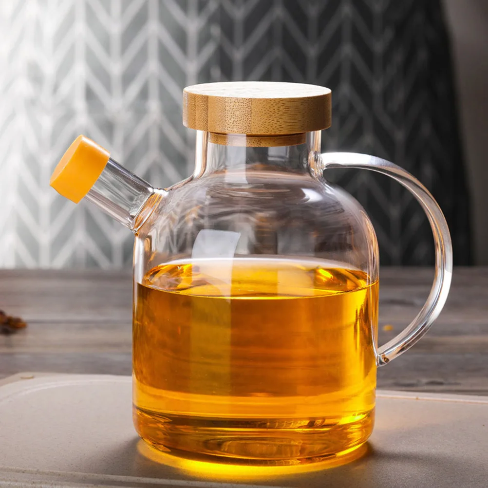 

Kitchen Oil Vinegar Dispenser Bottle Wooden Lid Drip-Free Spout High Borosilicate Glass Long Lasting Oil Bottle