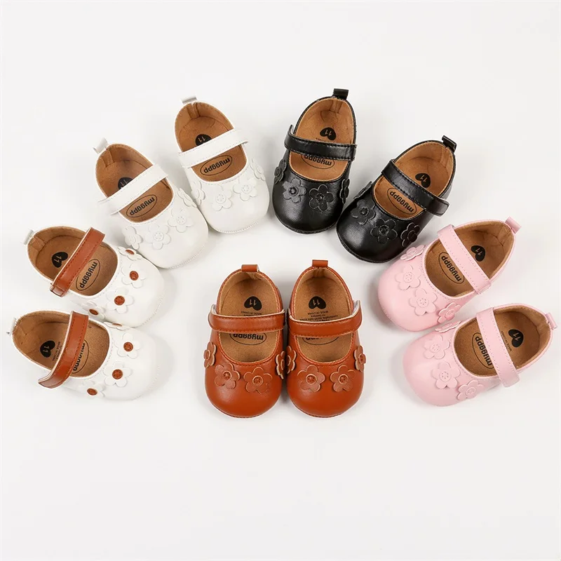 Newborn Infant Baby Girl Flower Princess Dress Shoes Lightweight Mary Jane Flats Crib Shoes Non-Slip Rubber Sole First Walkers