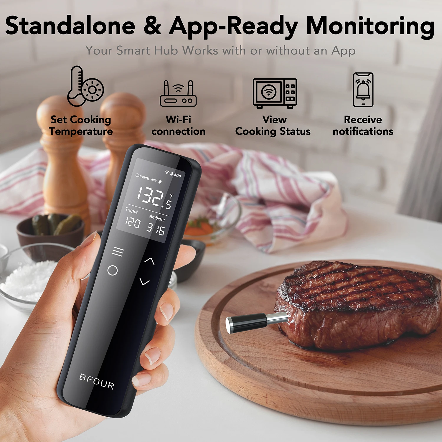 Wi-Fi Unlimited Range Meat Thermometer Wireless Bluetooth Probe with APP & Alarm Reminder for BBQ, Smoking, Oven, Rotisserie