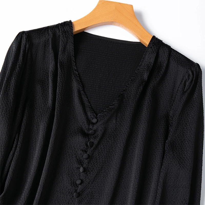 Women Silk Blouse 93% Mulberry Silk 7% Spandex 19 Momme Black Color Long Sleeve V-neck Pullover Top Shirt Office Lady M1455