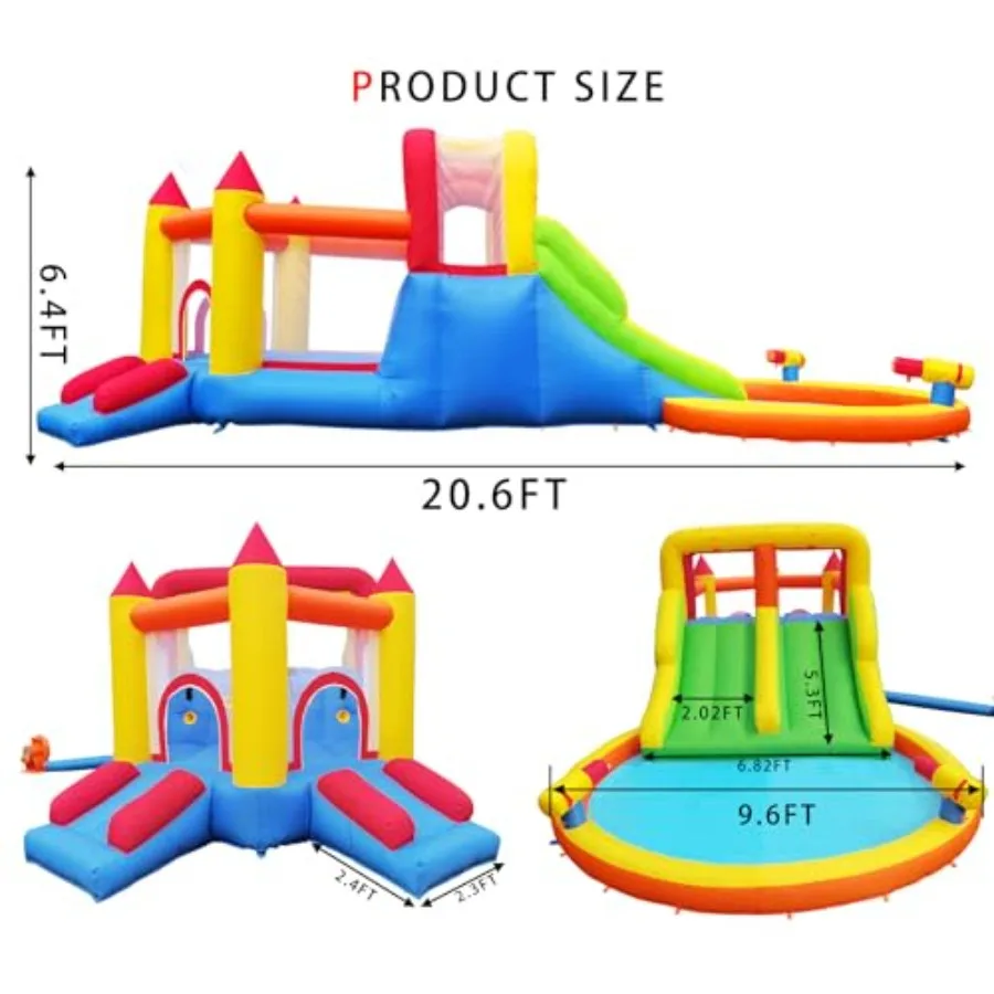 InfIatable Bonuce House with 4 Slides and Large Splash Pool, Water Park with Ultra-Wide Climbing Wall, Jumping, Water Cannons a