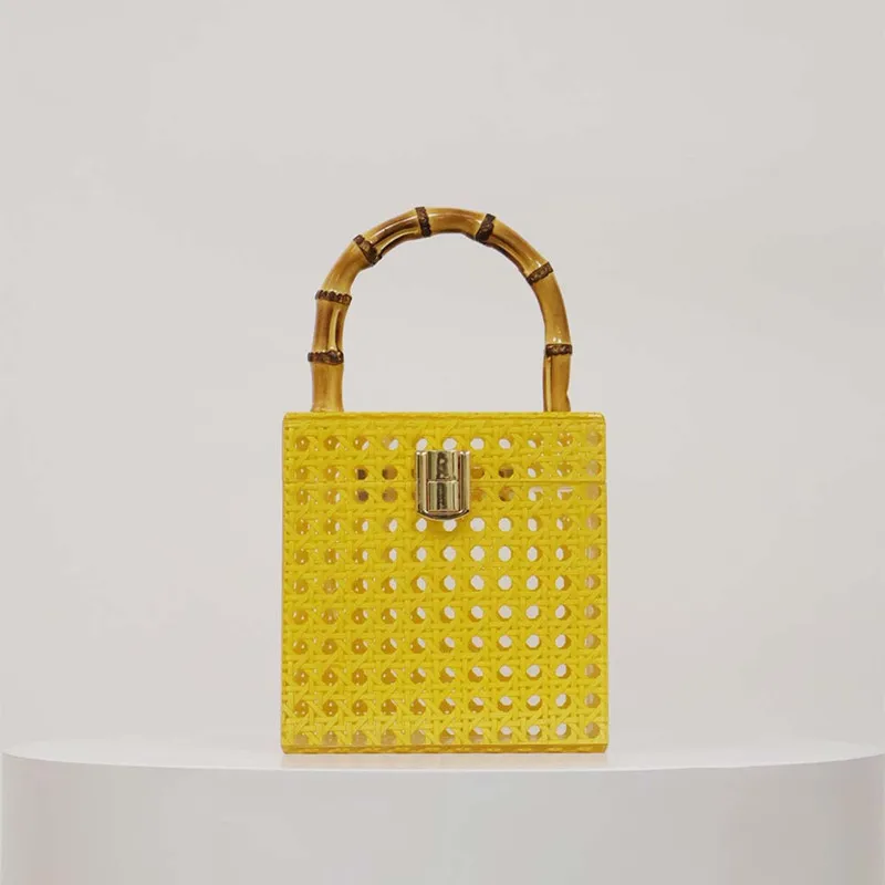 2025 Fashion Designer Acrylic Rattan Bamboo Handle Women Wedding Evening Clutch Bag Lady Box Handbag New Shoulder Bag With Chain view 4