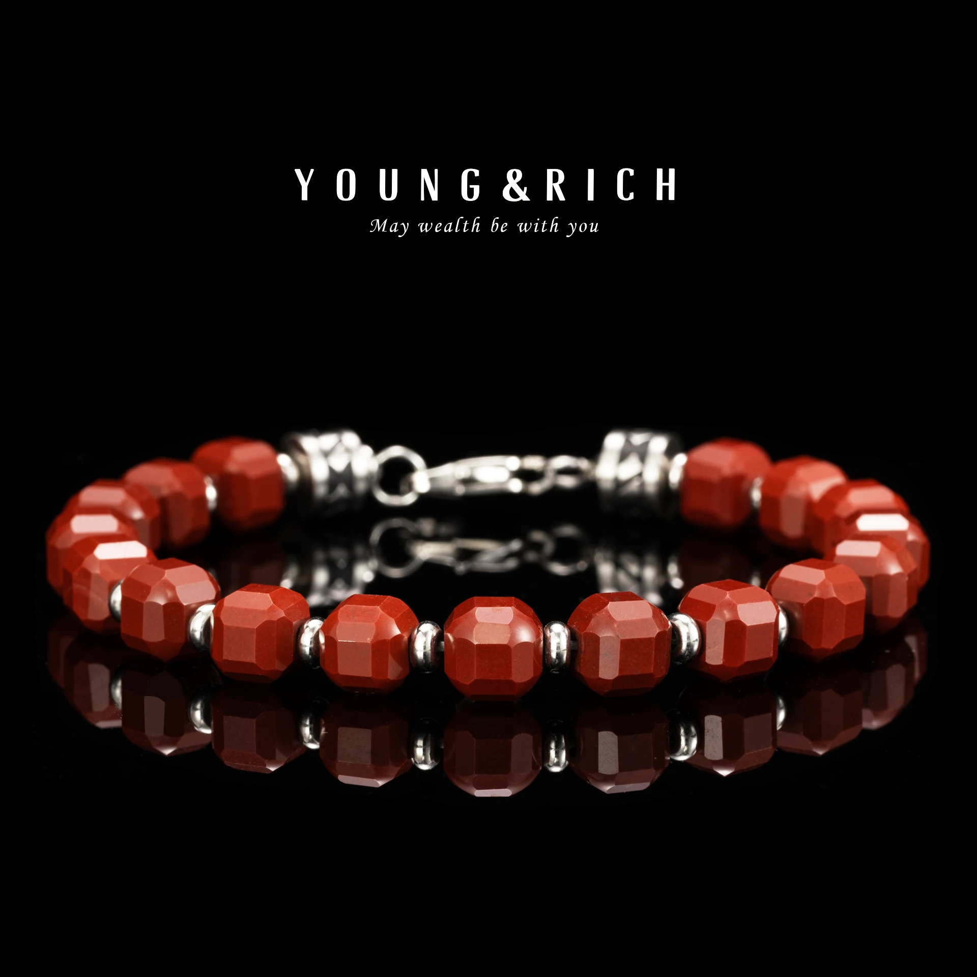 YOUNG&RICH 7mm Natural Faceted Red Stone Beaded Bracelet Unisex Metal Spacer Vintage Casual Fashion Jewelry