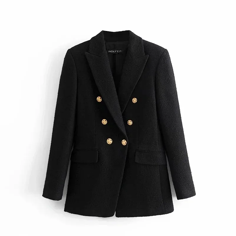 

Autumn/Winter 2024 gold button tweed coat temperament black mid-length textured suit woman