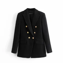 Autumn/Winter 2024 gold button tweed coat temperament black mid-length textured suit woman