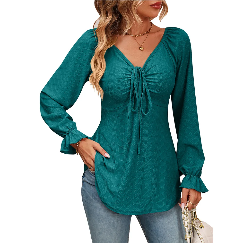 Mode Vrouwen Blouses Sexy Bandage V-hals Trekkoord Taille Effen Kleur Lange Mouwen Dame Elegante Lente Tuniek Tops