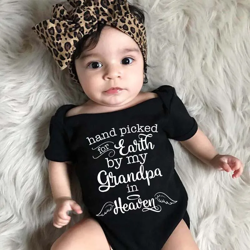 Hand Picked for Earth By My Grandpa in Heaven Funny Wing Letter Print Baby Bodysuits Short Sleeve Toddler Jumpsuits Black Infant