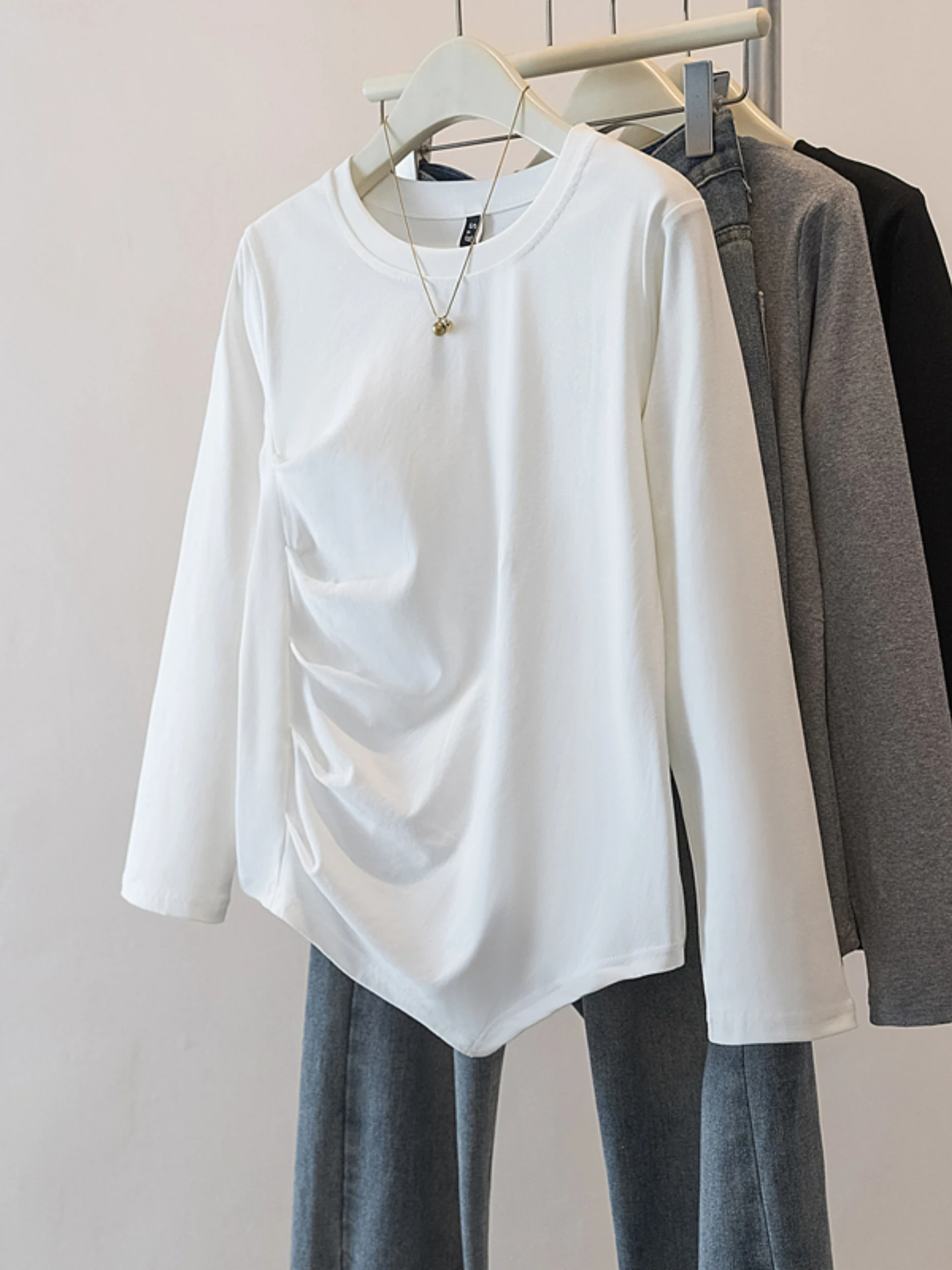 Irregular Long Sleeve Base Shirt Women's Spring Autumn plus Size Flattering Design Sense Pleated Top Korean Style Loose Fit