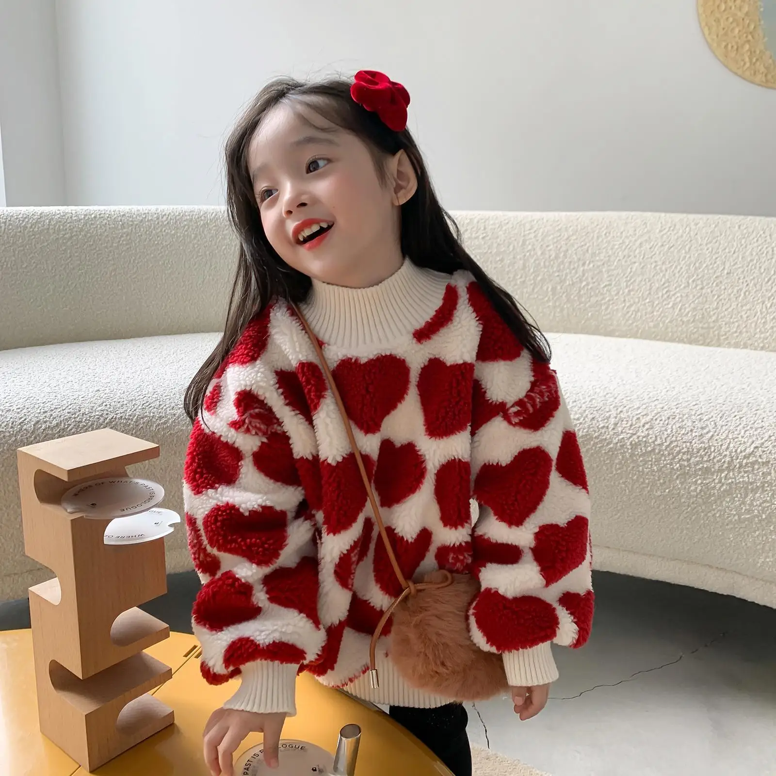 2023 Winter Girls Cute Heart Thick Warm Fleece Sweatshirts Baby Kids Children Pullover Top Outerwear