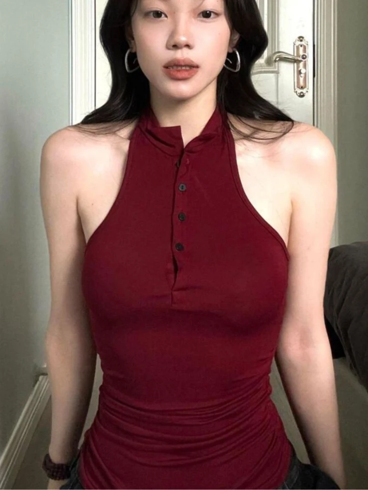 

Sexy Halter Neck Polo Top for Women Slim Fit with Ruched Details Vintage Y2K Girlish Style Summer Sleeveless Button-Front Tank