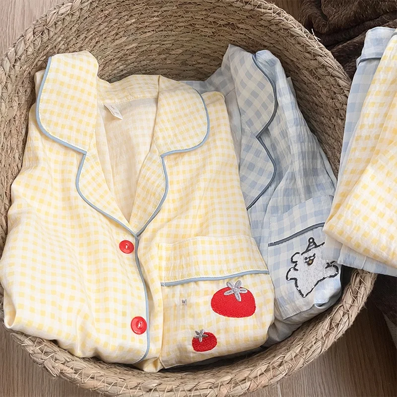 

Couples Plaid Spwear Summer ort Sve Tee-piece Set Pure Cotton Loose Cartoon Home Clothes Men's Women's Comfortable ...