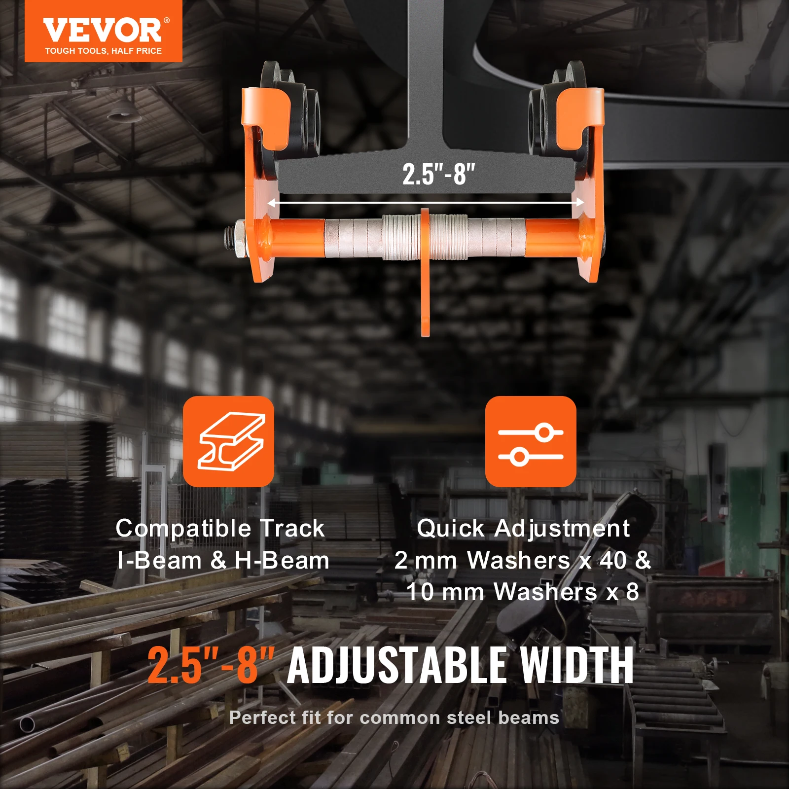 VEVOR troli Push Beam Manual 0.5/1/2/3/5 Ton, dengan roda ganda dapat disesuaikan untuk lebar flensa i-beam melengkung lurus 2.5 inci hingga 8"