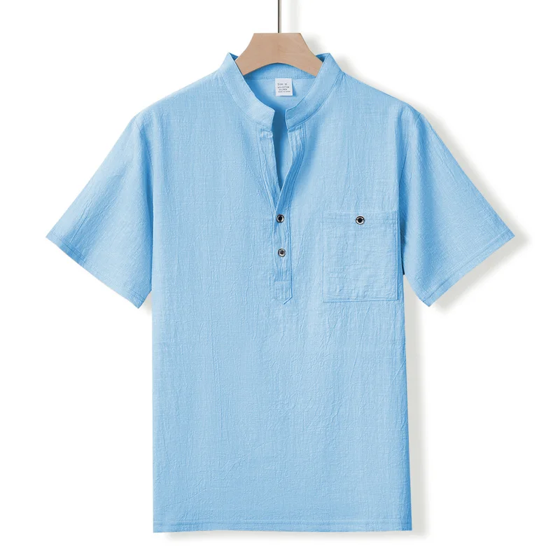 Herren-Henley-Shirt mit Stehkragen, Kurzarm, Baumwoll-Leinen-Mischung, Brusttasche, Atmungsaktiv, Sommer, Alltag, Reise, Strand, Freizeit-Oberteil – Detail 3