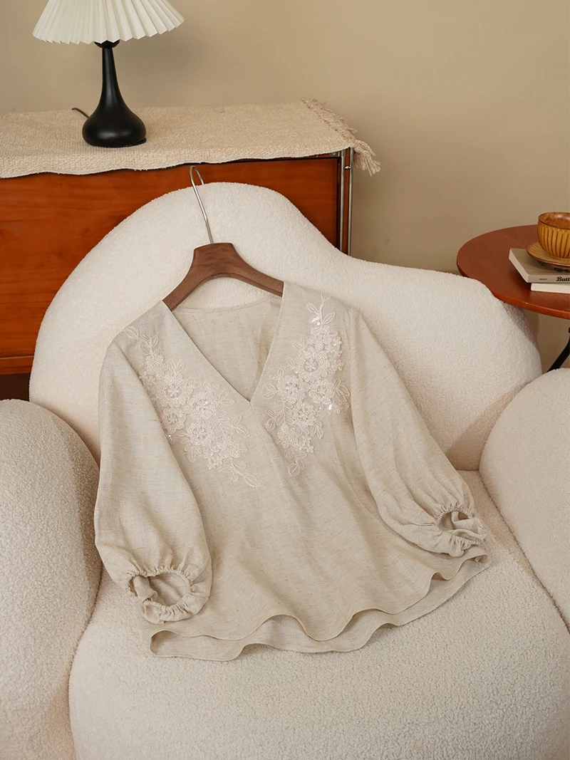 

Ele Chinese Sle Women's High-End Embroidered irt Silk Linen Lantern Sve Gentle Lady Top Daily Wear